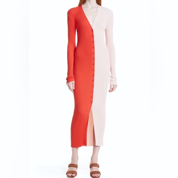 STAUD Shoko Ribbed Knit Long Sleeve Bodycon Dress Colorful Casual Chic - Picture 2 of 6